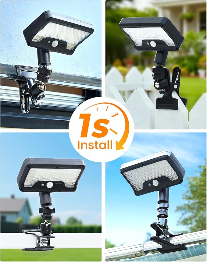 Clip on Solar Lights Outdoor, Solar Powered Motion Sensor Lights with 600LM, Security Lights, 3 Color Modes Waterproof Solar Lights for Fence, Deck, Patio, Garage, Camping,1Pack
