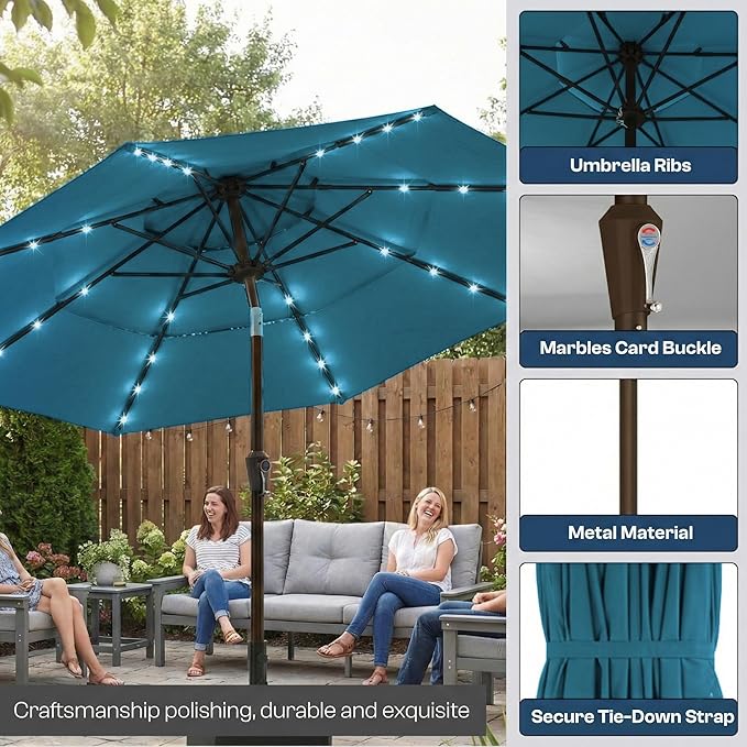 10ft 3-Tier Patio Umbrella with 32 Solar Powered LED Lights, Windproof Outdoor Market Umbrella for Deck, Poolside & Garden, Sturdy Push-Button Tilt Table Umbrella, Lake Blue