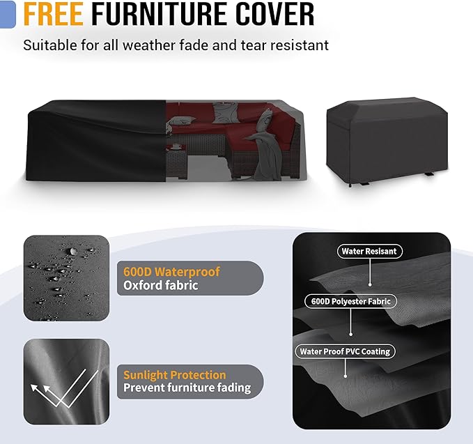 Outdoor Patio Furniture Set with 44" Fire Pit Table 8 Pieces Rattan Patio Sectional Sofa Conversation Set w/55000 BTU Propane Gas Fire Pit, Coffee Table, 2 Waterproof Covers, Red