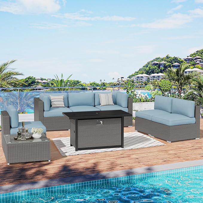 SUNCROWN Outdoor Patio Furniture Set 8 Piece Outdoor Sectional Sofa Grey Wicker Conversation Sofa Set with Coffee Table, Cushions and Fire Pit Table, Light Blue