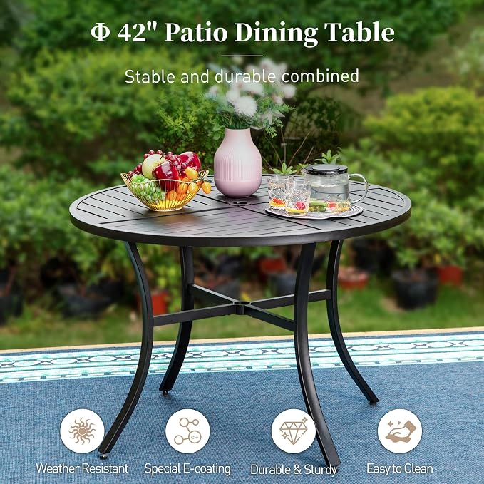 SUNSHINE VALLEY 42" Round Patio Table for 4, Patio Dining Table with Umbrella Hole,E-Coating and Powder Coating Steel Frame Metal Outdoor Patio Table for Garden Backyard Lawn Yard