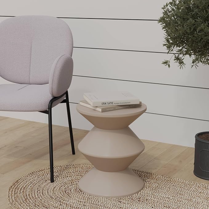 LeisureMod Aura Collection Modern Round Side Table - Ivory ABS Plastic Double-Hourglass Pedestal - No Assembly Weatherproof Accent Furniture for Living Room, Patio & Outdoor Decor