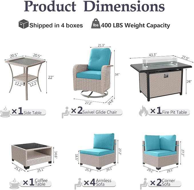Patio Furniture Set, 11-Piece Outdoor Sectional Sofa with Swivel Rocker Chairs & Fire Pit Table, Wicker Patio Conversation Set with Coffee Table, Cyan Cushions