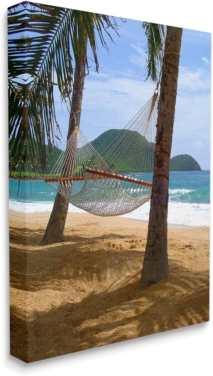 Stupell Industries Tropical Summer Vacation Hammock Between Palm Trees, Design by Noah Bay, Gallery Wrapped Canvas, 16 x 20