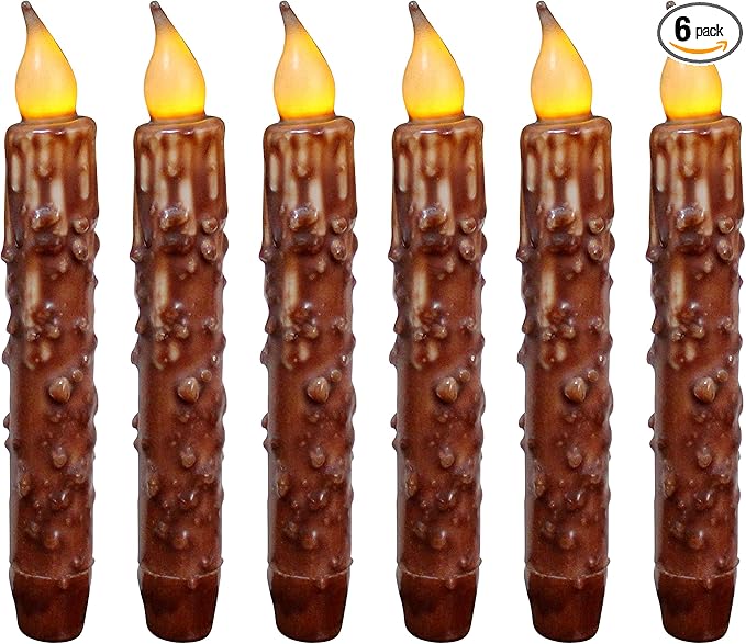 CVHOMEDECO. Real Wax Hand Dipped Battery Operated LED Timer Taper Candles Rustic Primitive Flameless Lights Décor, 6-3/4 Inch, Coffee, 6 PCS in a Package