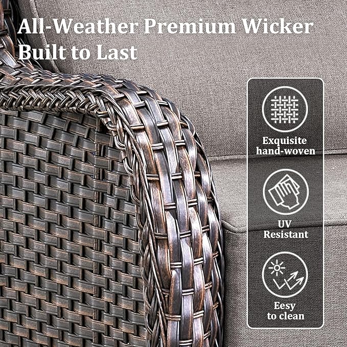 Luxury High Back Patio Furniture Set Fire Pit Table with 6-Inch Thick Cushions, 5-Pieces Outdoor Furniture w/ 4 Swivel Chairs, Wicker Conversation Set for Porch, Balcony, Deck and Yard, Brown/Grey
