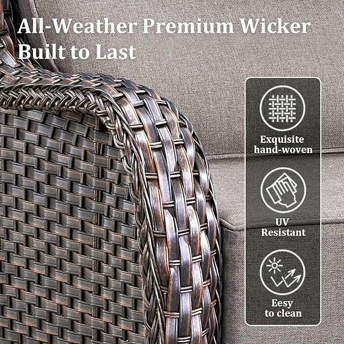 Luxury High Back Patio Furniture Set 30" Fire Pit Table with 6-Inch Thick Cushions, 5-Pieces Outdoor Furniture w/ 4 Swivel Chairs, Wicker Conversation Set for Porch, Balcony, Deck and Yard, Brown/Grey