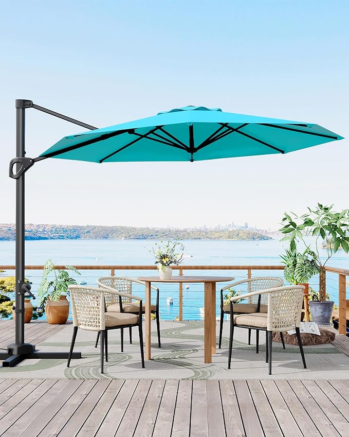 GarveeLife 10 ft Patio Umbrella Outdoor Large Cantilever w/Base Included Market Sun Shade Windproof Offset with 360-Degree Rotation for Garden Deck Pool Patio, Turquoise Blue