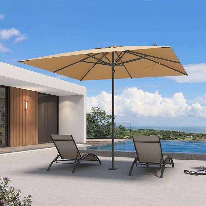 PURPLE LEAF 10' x 10' Square Semi-Auto Outdoor Patio Umbrella Aluminium Market Umbrella Table Sun Umbrella with 1.89" Rod and 8 Sturdy Ribs for Deck Lawn Pool Garden, Beige