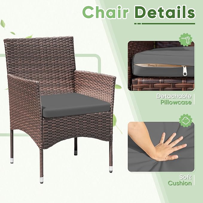Greesum 3 Pieces Patio Dining PE Rattan Wicker Chair Furniture Set with Cushion and Glass Coffee Table for Outdoor Garden Backyard Poolside, Brown and Grey