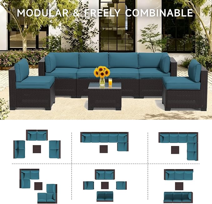 7 Pieces Outdoor Patio Furniture Set, Wicker Modular Sectional Sofa, All Weather Conversation Sets with Glass Table for Yard, Garden, Poolside, Dark Brown Rattan & Peacock Blue Cushions