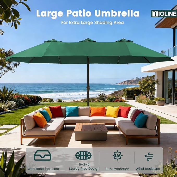 15FT Large Patio Umbrellas with Base Included, Outdoor Double-Sided Rectangle Big Market Umbrella with Stand, Outside Umbrellas for Poolside Lawn Backyard,Green