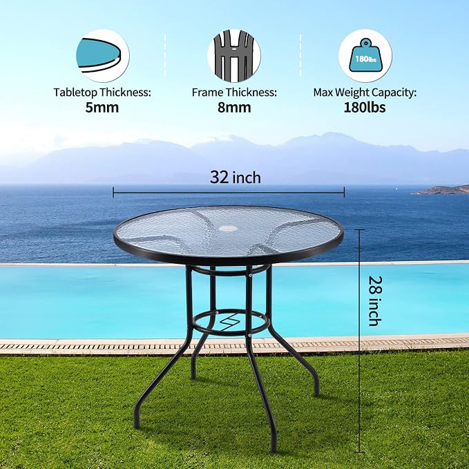 JINLLY 32 Inch Patio Table with Umbrella Hole, Round Glass Patio Table, Outdoor Bistro Dining Tables with Tempered Glass Tabletop and Metal Frame for Outside, Garden, Balcony