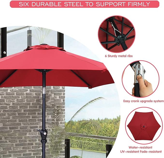 GDY 7.5FT Patio Umbrella Outdoor Table Umbrella,Market Umbrella with 6 Sturdy Ribs, with Push Button Tilt and Crank for Garden, Lawn, Deck, Backyard & Pool (Red)