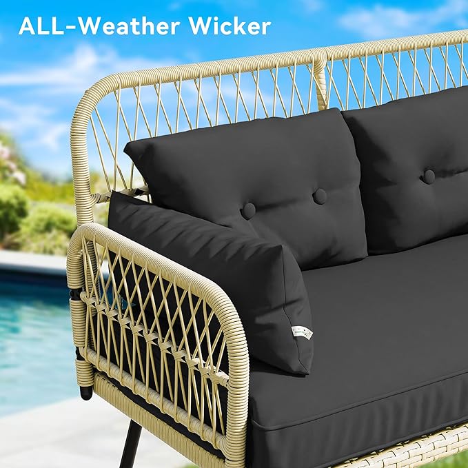 YITAHOME 2-Piece Patio Furniture Wicker Outdoor Loveseat, All-Weather Rattan Conversation for Backyard, Balcony and Deck with Soft Cushions and SideTable (Light Brown+Black)
