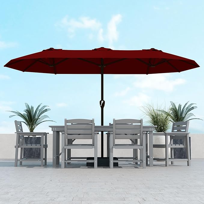 Kingdura 15ft Large Patio Umbrella with Base Included, Double-Sided Rectangle Outdoor Table Umbrella with 12 Reinforced Ribs, Crank Lift for Market Pool Deck Backyard, Dark red