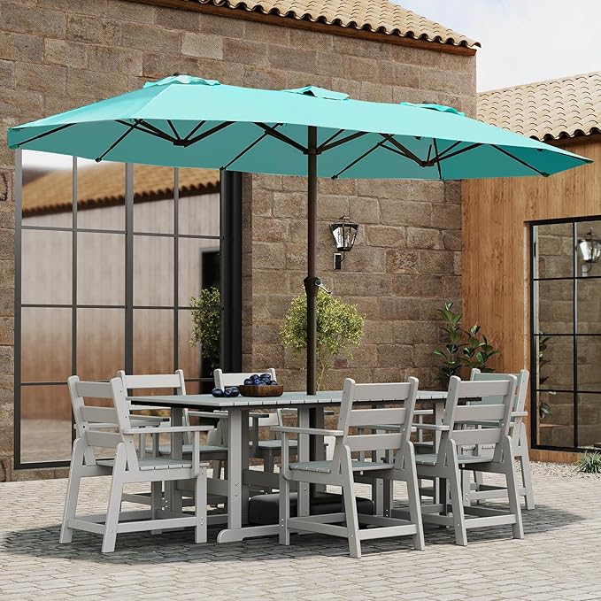 BRIOPAWS 15-FT-Large-Patio-Umbrella-with-Base | Double-Sided | Outdoor Table Umbrellas | w/Crank Handle | 12 Sturdy Fiberglass Rib | UV-Protection | for Garden Deck Backyard Pool | Peacock Blue