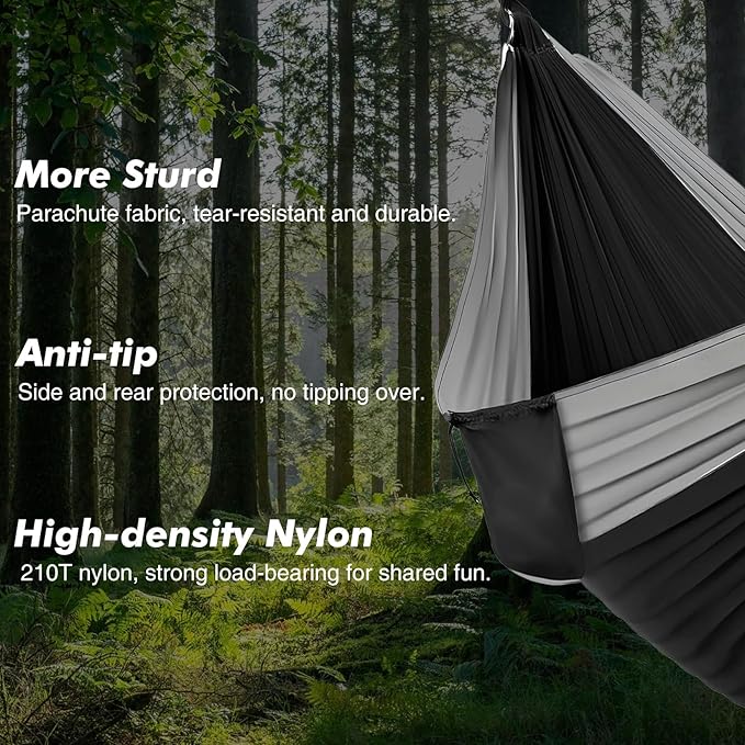 PeakPursuit Camping Double Hammock, Portable Hammock with Tree Straps, Tree Hammocks, Perfect for Outside Indoor Hiking Beach Backpack Travel, Black