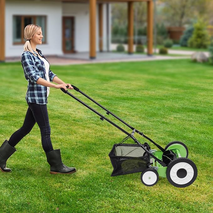 16-Inch 5-Blade Cordless Manual Reel Lawn Mower, Adjustable Handle Height Grass Cutter with Removable Grass Collection Basket and Non-Slip Sponge Handle, Non-Powered Detachable Lawn Mower