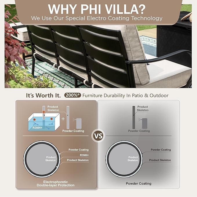 PHI VILLA 5 Piece Patio Furniture Set with 28" Firepit Table, 4 Outdoor 5.75" Cushioned Metal Frame Swivel Sofa Chairs & 28" Gas Firepit Table, Outside Furniture Set for Lawn Garden(Beige)