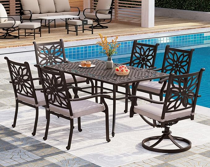 PHI VILLA Cast Aluminum Patio Dining Set for 6, 7 Pieces Outdoor 63" Heavy-Duty Table with Umbrella Hole & Fixed Swivel Chairs Combo with Cushions, Large Outside Furniture Set for Deck, Porch - Brown