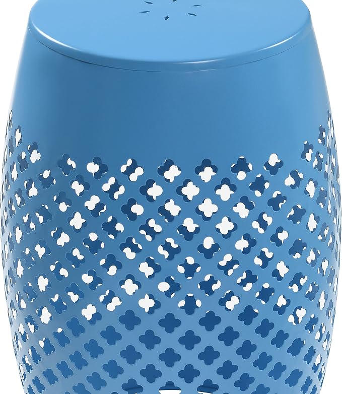 AC Pacific Outdoor Indoor Lace-Cut Iron Drum Side Table, Powder-Coated, Unique and Versatile Metal Pedestal Stand, Modern Contemporary Accent Piece, Blue
