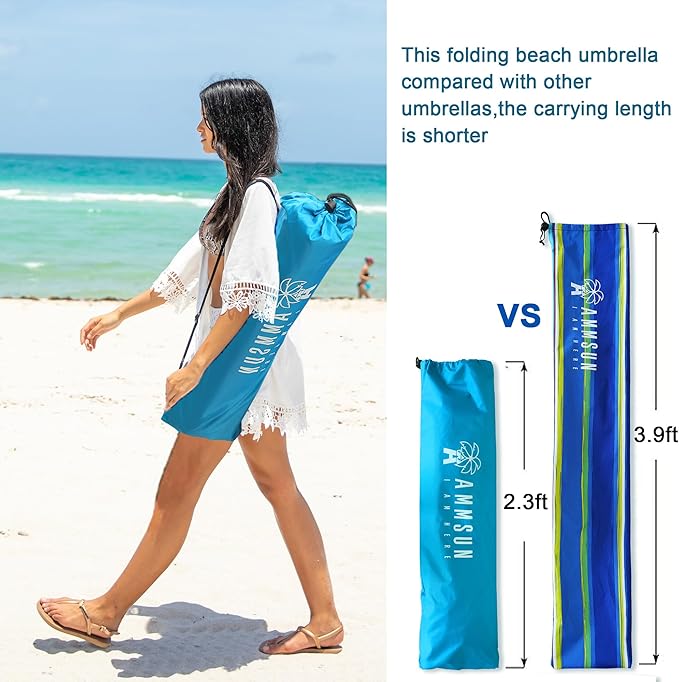 AMMSUN 6.5ft Twice Folded Portable beach umbrella with Sand Anchor Windproof Tilt Pole Air vent UPF 50+ Protection Fits in a large Suitcase Compact For Travel Patio Garden Pool Backyard Sky Blue
