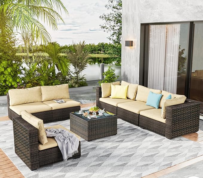 7 Pieces Outdoor Patio Furniture Set Wicker Sectional Sofa with Cushions & Tea Table Patio Rattan Conversation Chair Sofa Set Beige
