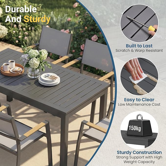 RoyalCraft Aluminum Outdoor Patio Table and Chairs Set with 91.7" L-62 L Expandable Dining Table, 9-Pieces Patio Furniture Set for 8, Outdoor Dining Set with Stackable Quick Drying Chairs, Grey