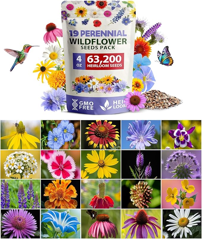 HOME GROWN Wildflower Seeds Bulk Mix | 63,200+ Non-GMO Perennial Flower Seed for Outdoor Planting | 19 Varieties to Attract Bees, Butterflies & Hummingbirds | 4 oz
