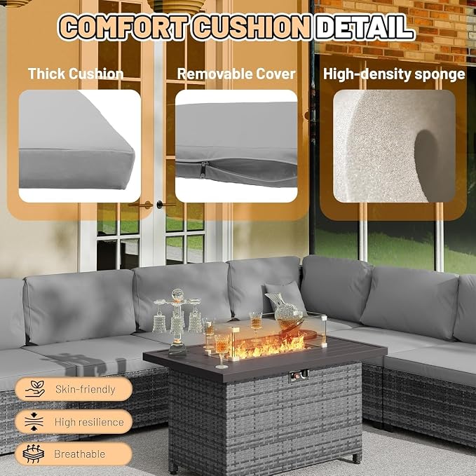 8-Piece Outdoor Patio Rattan Furniture Set, Grey Wicker Sectional Conversation Set with 50,000 BTU Propane Fire Pit Table for Garden and Patio