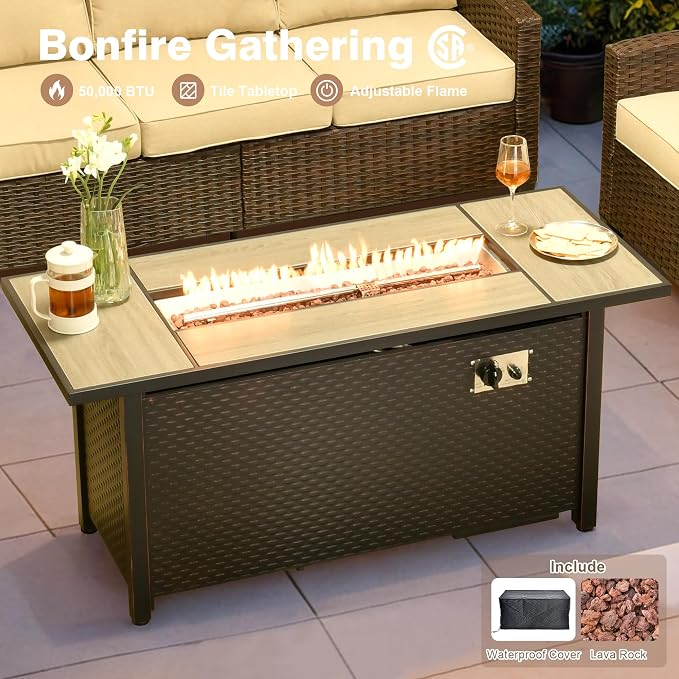ovios 7 Pieces Patio Furniture Set, Outdoor Wicker Sofa Couch with 54" Fire Pit Table Comfy Cushions, All Weather Brown Rattan Conversation Set for Backyard Deck, Beige