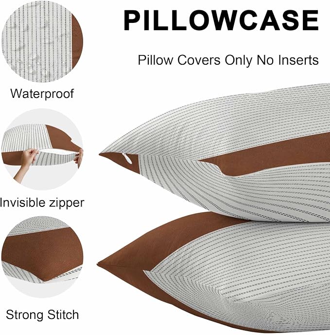 Boho Brown Leather Texture Outdoor Pillow Covers 20x12 Inch Lumbar Pillow Covers Set of 2 Waterproof Decorative Throw Pillow Cases Modern Black Striped Cushion Covers for Patio Furniture Garden Couch