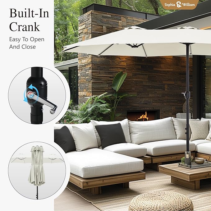 Sophia & William 15 ft Extra Large Patio Umbrella with Base Included, Rectangular Outdoor Umbrella Heavy Duty, Market Umbrella Double-sided Fade Resistant for Pool Garden Backyard, Ivory White