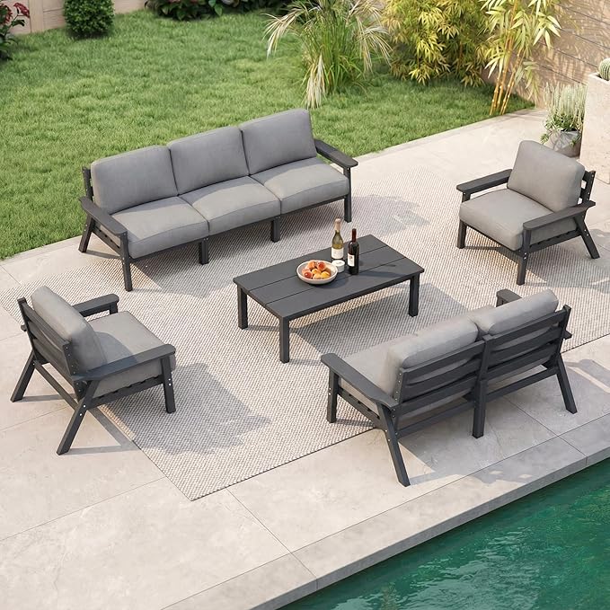 7 Piece Patio Furniture Set, HDPE Outdoor Sectional with Gray Washable Thick Cushions, Coffee Table & Side Table, Patio Conversation Sets for Lawn, Garden, Porch, Balcony (Grey Frame)