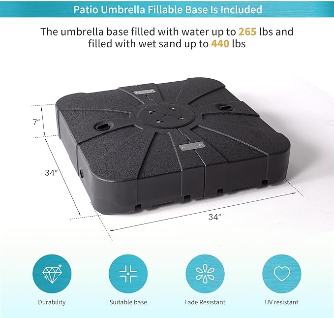 JZAC & QZYD 10X13 FT Outdoor Cantilever Patio Umbrella with Base Included and LED Lights, Large Heavy Duty 2-Tier Aluminum Offset Umbrellas with 360-Degree Rotation for Pool Deck, Turquoise