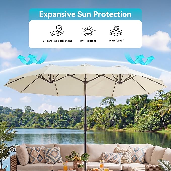 COSIEST 13FT Patio Umbrella with Solar Lights, Outdoor Double-Sided Table Umbrella,Large Rectangular Market Umbrella w Crank Handle for Garden, Pool, Deck Shade, Beige