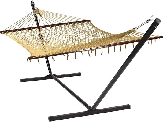 Island Escape Rope Hammock and Stand Set (Mocha Stand and Tan Hammock)