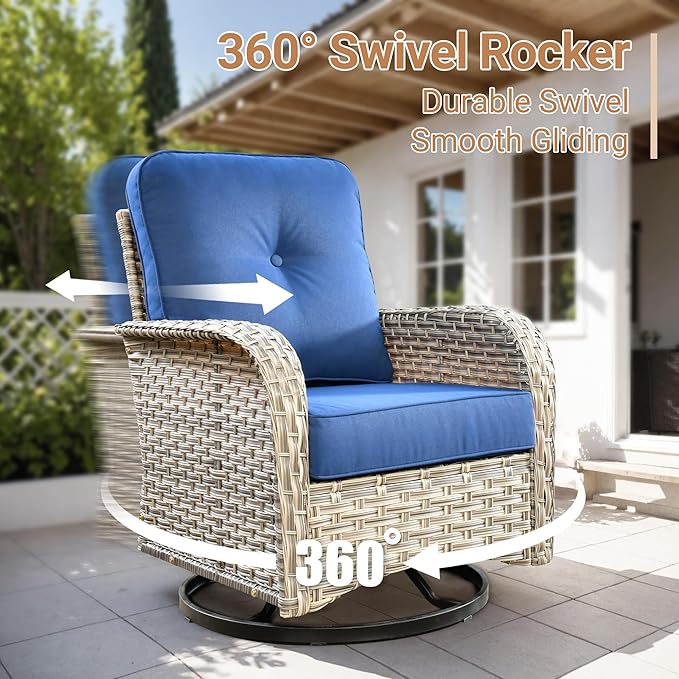 HOOOWOOO Patio Furniture Set,5 Pieces Wicker Outdoor Furniture,High Back Conversation Set with All Weather Resistant Solar Light Table Couch Swivel Chairs,Navy Blue