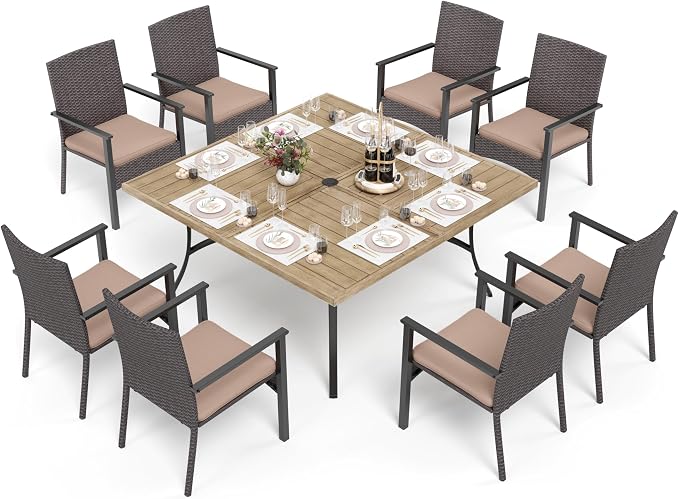 PHI VILLA 9 Pieces Patio Dining Set for 8, 57” Wood-Like Large Square Metal Steel Dining Table & Rattan Wicker Chairs with Cushions, Outdoor Dining Furniture for Deck, Yard, Porch