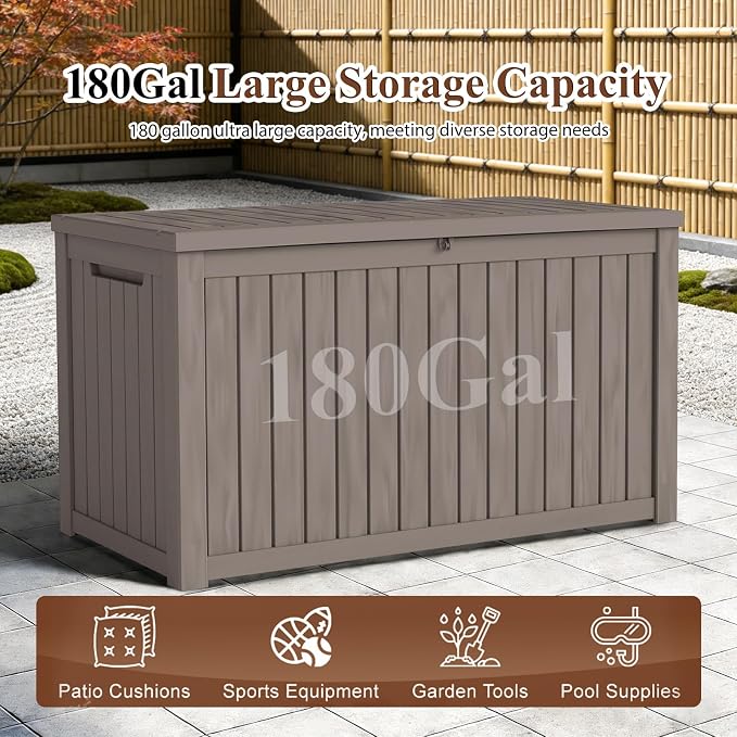 180 Gallon Outdoor Deck Boxes, IP68 Waterproof Outdoor Storage Box with Hydraulic Lid Support, Outside Resin Container for Furniture, Toy, Shoe, Garden & Patio Tools Storage -Brown