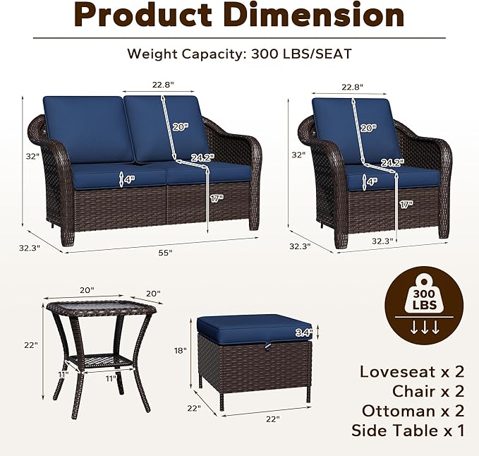 6 Piece Patio Wicker Conversation Set, All-Weather Use Outdoor Wicker Loveseat with 2 PE Rattan Ottomans,2 Chair, 1 Side Table, Ideal for Porch, Backyard, Balcony, Poolside, Blue