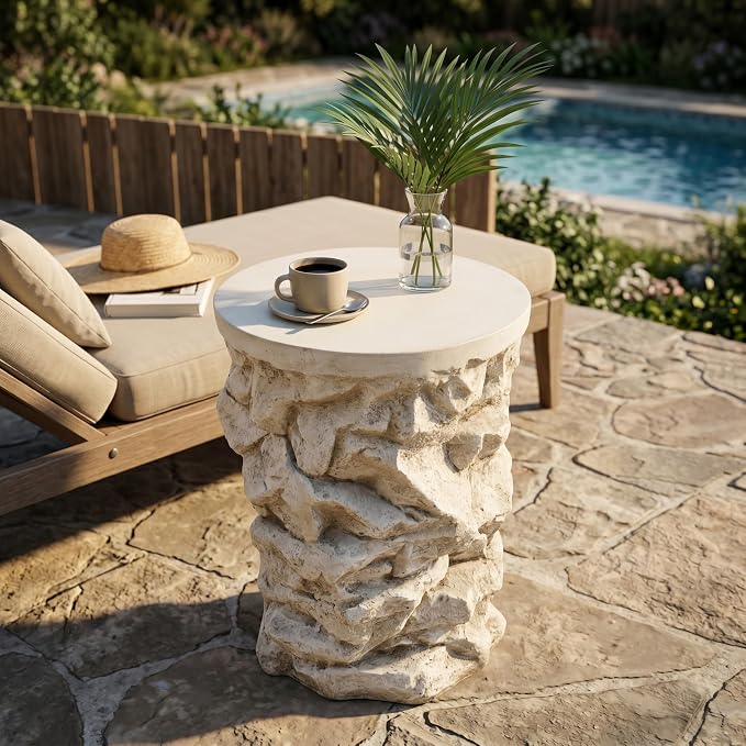 Round Outdoor Concrete Side Table, Cylinder Patio End Table, Faux Stacked Stone Accent Table with Wave for Indoor Outdoor, Garden Stool Coffee Table for Patio, Garden, Backyard - 16.42" Beige MgO