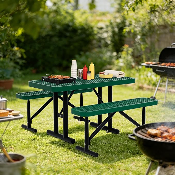 4FT Picnic Tables for Outdoors, Green Rectangular Heavy Duty Commercial Picnic Table with Umbrella Hole,Weather-Resistant Camping Table Dining Table for Backyard, Patio, Garden, Shops, Parks