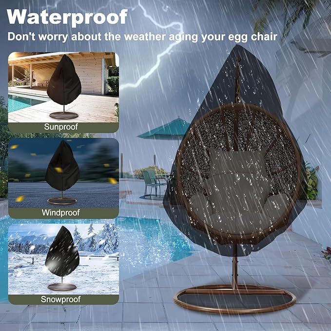 Patio Egg Chair Cover with Zipper,Outdoor Hanging Egg Chair Cover,UV Resistant,Windproof Heavy Duty,Wicker Egg Swing Chair Covers,Fits Single Seat Egg Chair,75"" x 45"",Black