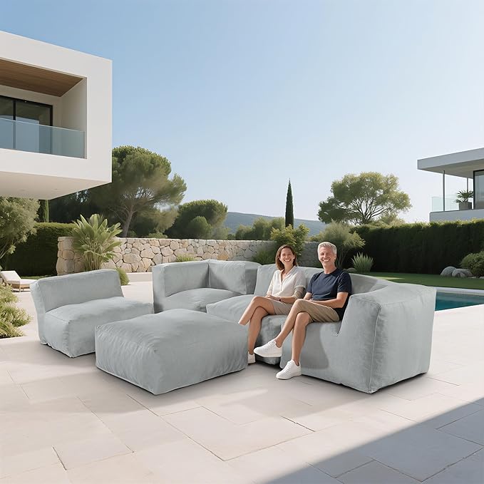 Patio Furniture Set, 5 Pcs Outdoor Conversation Set with Bean Bag Middle Chairs, Corner Chair, Ottomans, Modern Foam Couch Set for Garden, Deck, Balcony (5, Light Gray)