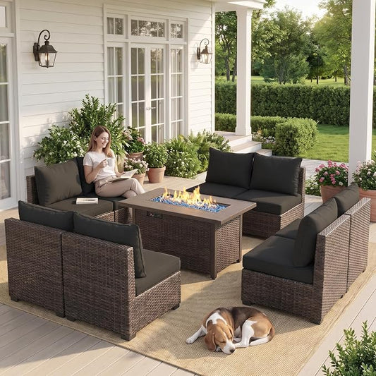 9 Pieces Outdoor Sectional Patio Furniture Set with Fire Pit Table PE Rattan Wicker Patio Sectional Armless Conversation Set with Cushions Black