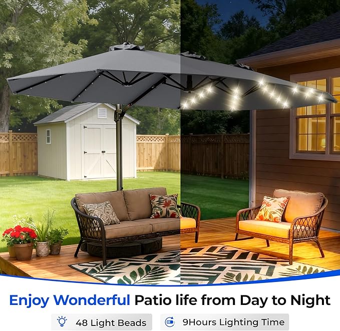 HOMSHADE 15FT Cantilever Double-Sided Umbrella with Solar Light and Base, Rectangle Oversized Offset Patio Umbrellas, Extra Large Outdoor Umbrella for Pool, Deck, Garden, Market (Dark Gray)
