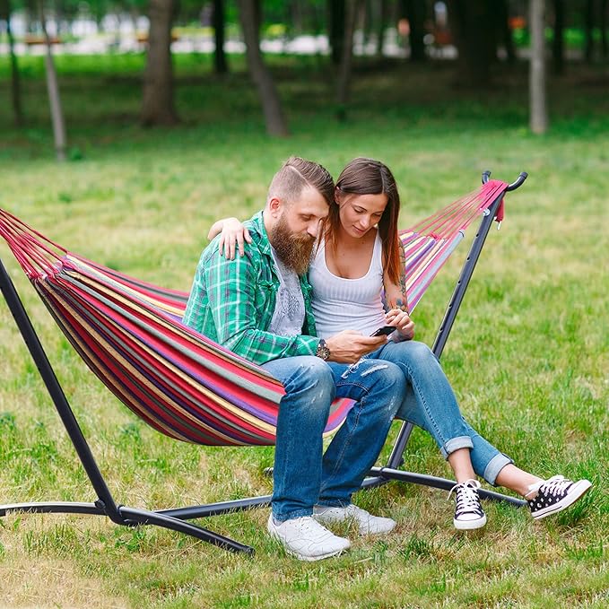 Camping Hammock with Stand - Heavy Duty 400lb Portable Outdoor Double Hammock Set with Carry Bag, Space Saving No Trees Needed 2 Person Hammock for Backyard, Beach, Deck (Red)