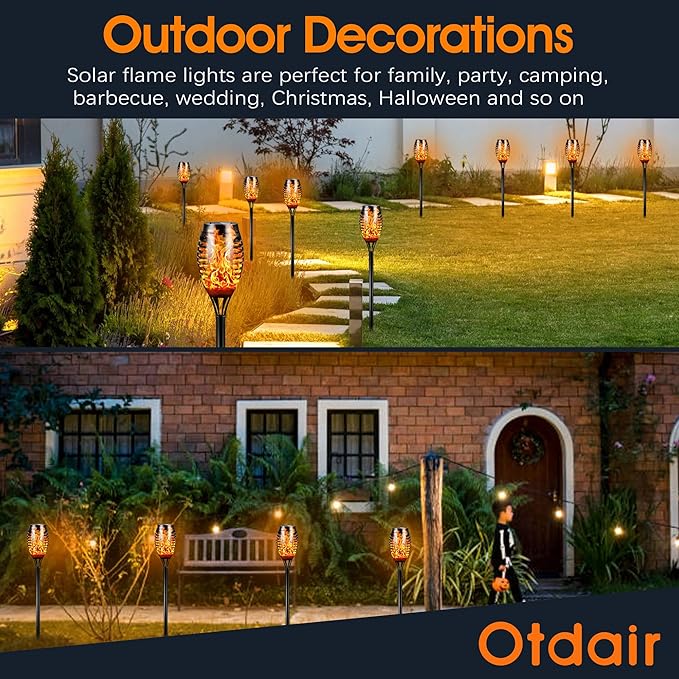 Otdair Solar Halloween Lights Outdoor Waterproof, 12 Pack 12LED Tiki Torches for Outside with Flickering Flame, IP65 Backyard Lights Outdoor Auto On/Off for Garden, Patio, Yard, Pathway